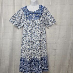 Sawyer Creek Blue White Patio House Dress Floral Paisley Midi Boho Lounge M